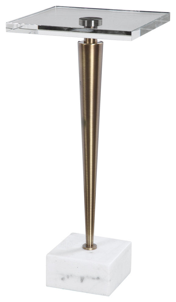 Luxe Tapered Gold Metal Pedestal Table White Marble Crystal Top Square Drink