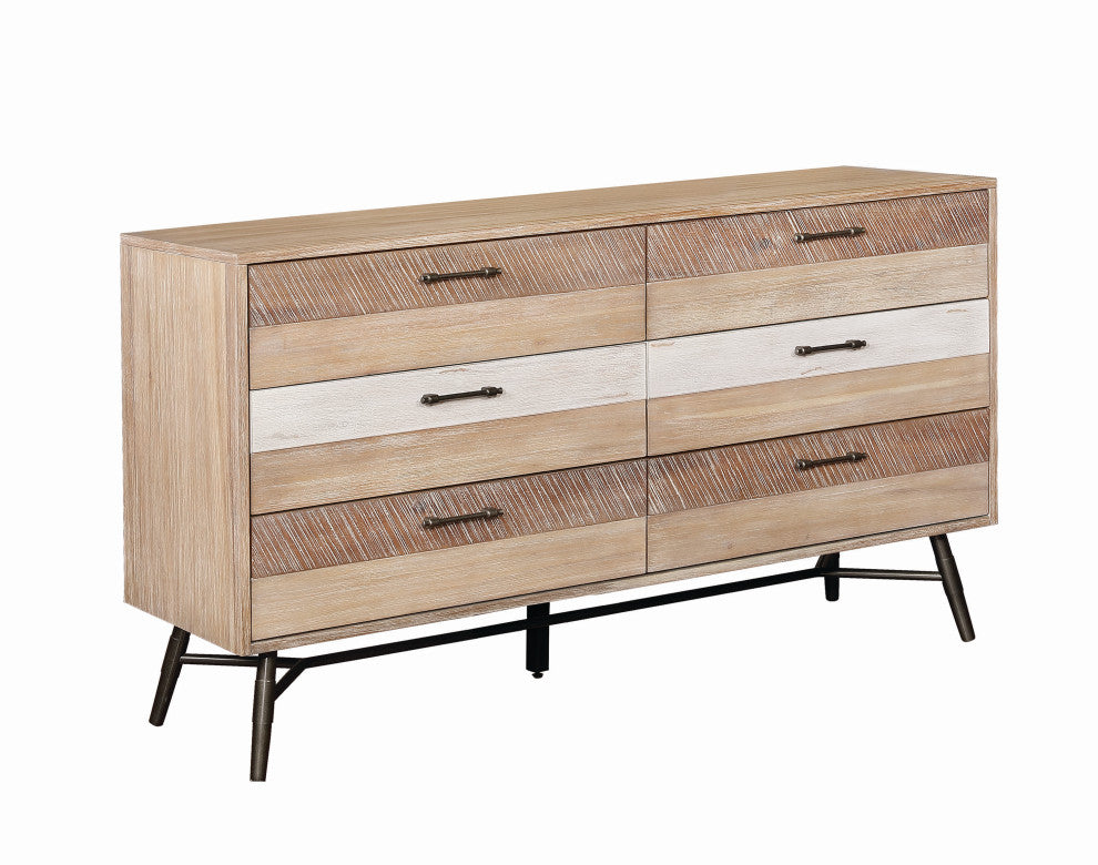 Six Drawer Wooden Dresser with Metal Angled Legs, Brown and Black