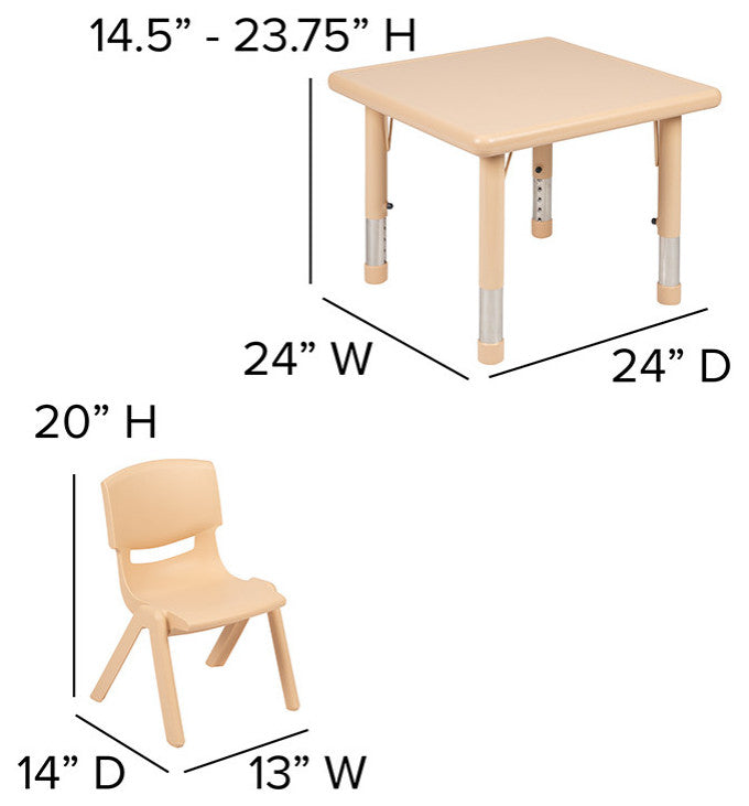 24" Square Natural Plastic Height Adjustable Activity Table Set with 4 Chairs