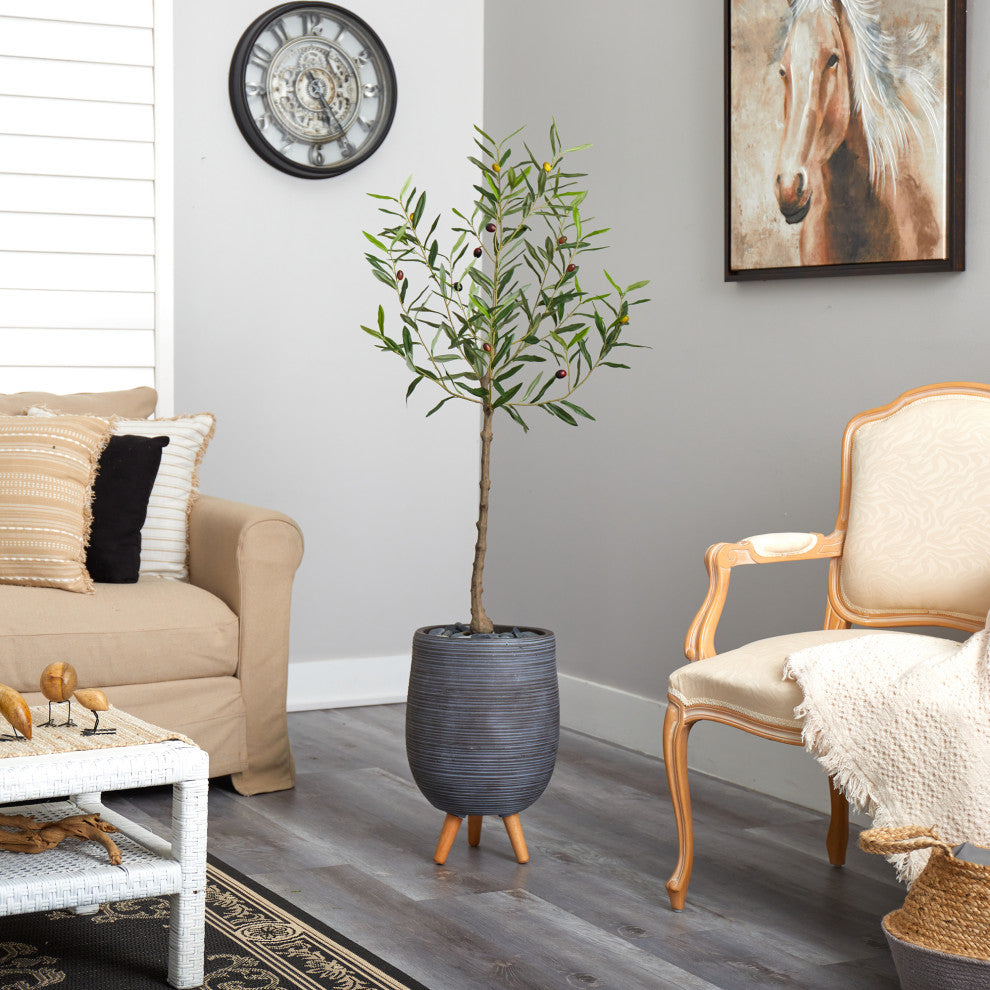 4.5' Olive Artificial Tree, Gray Planter With Stand