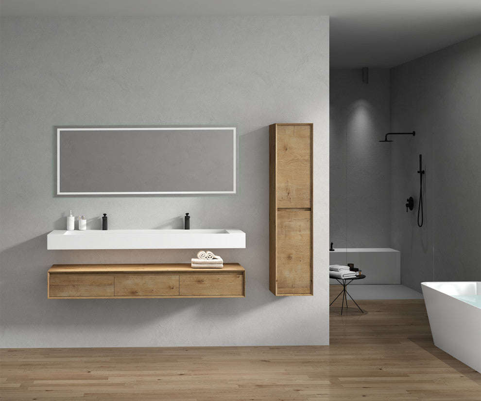 Alysa 72" Floating Bath Vanity, Acrylic Sink/Double Faucet Hole, White Oak
