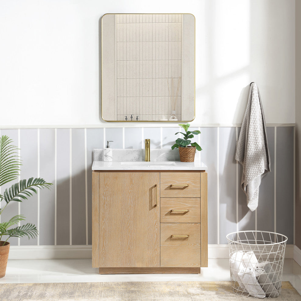 San Bath Vanity with Stone Top, Washed Ash Grey, 36", Single Vanity, No Mirror