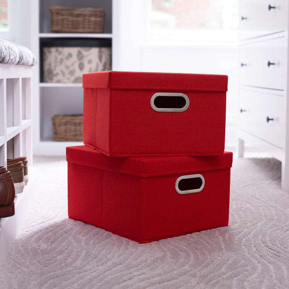 Storage Bins With Lids and Chromed Grommet Handles, Red
