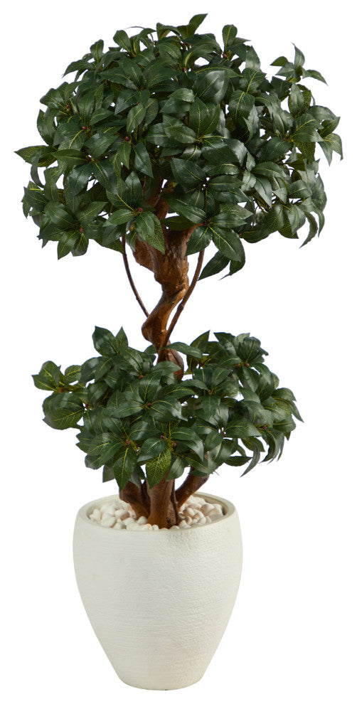45" Sweet Bay Double Ball Topiary Artificial Tree, White Planter