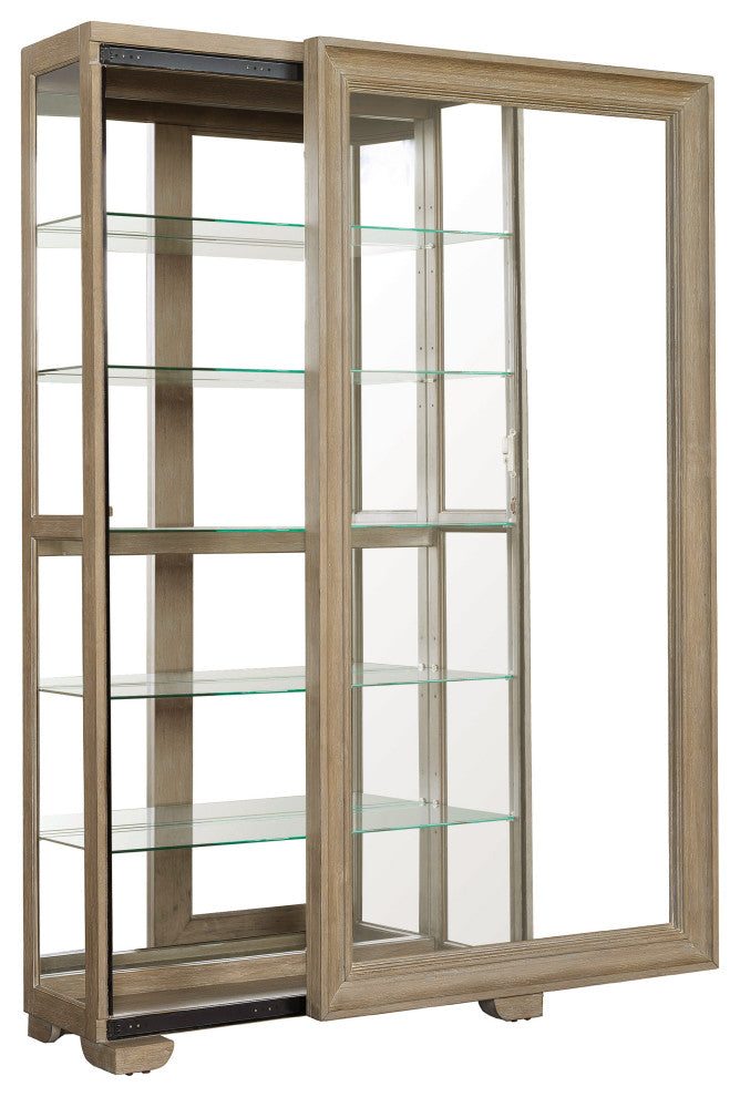 Light Wood Modern 5-Shelf Sliding Door Curio with LED Light
