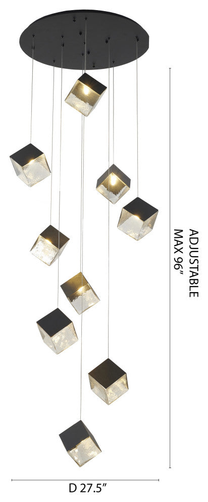 9-Light Black Cubed Chandelier With A Clear Distorted Glass Shades
