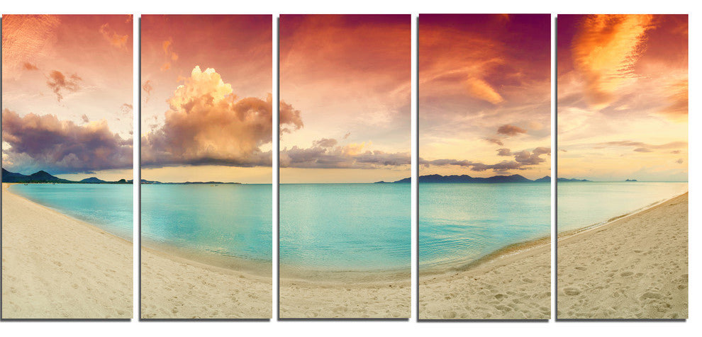 "Tropical Colorful Sunset With Pond" Landscape Canvas Print, 5 Panels, 60"x28"