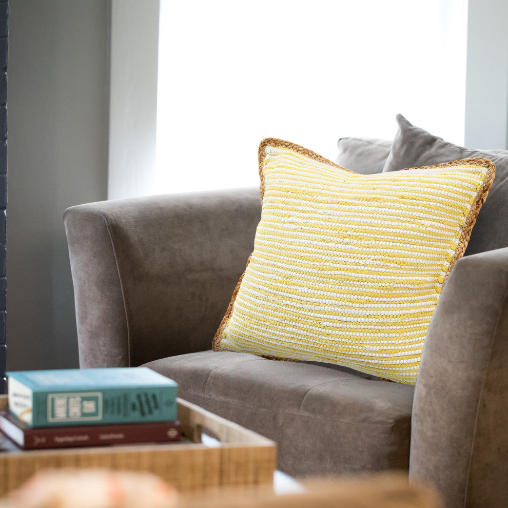 Ox Bay Handwoven Yellow/White Bordered Cotton Blend Pillow Cover, 20"x20"