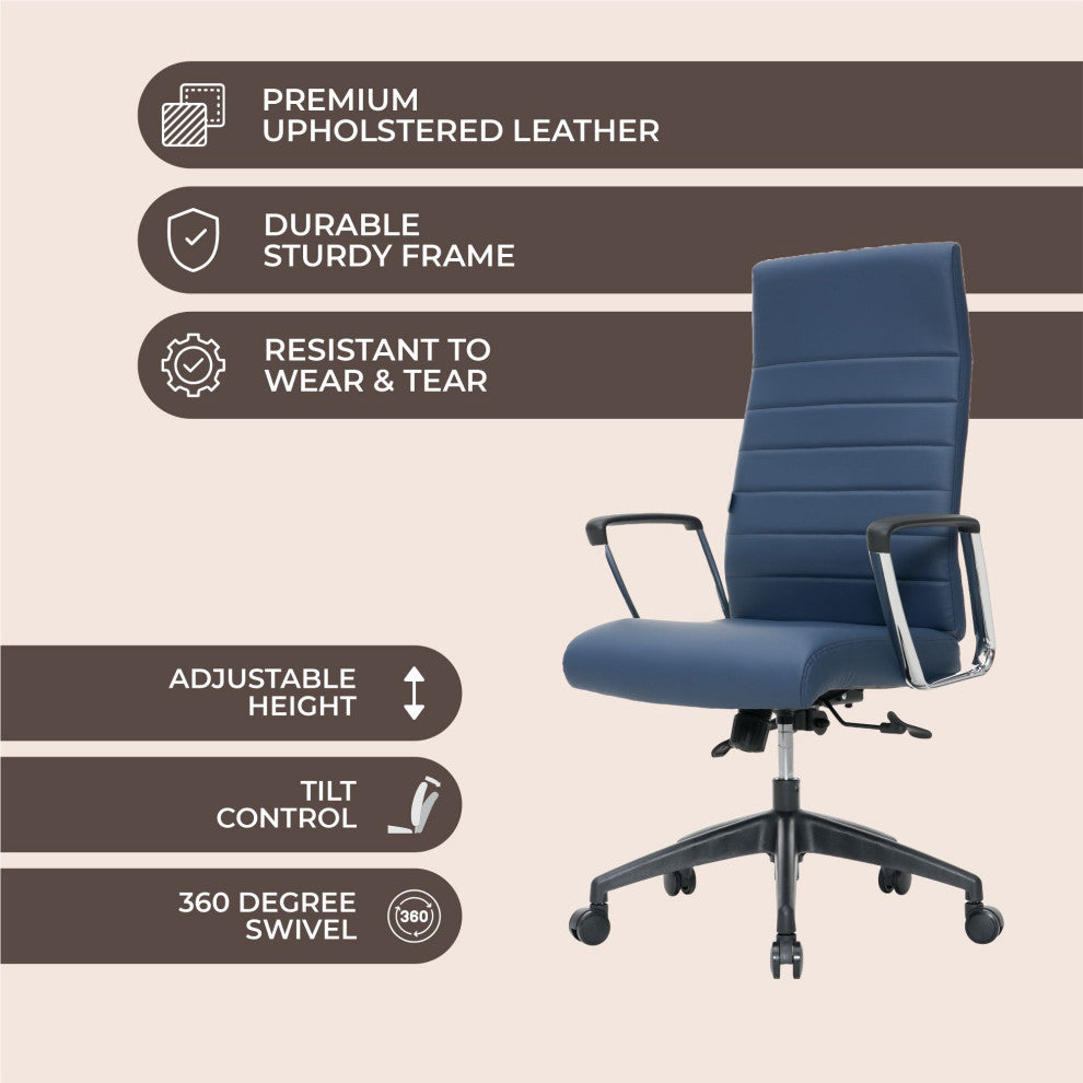 LeisureMod Hilton Modern High Back Leather Conference Office Chair, Navy Blue