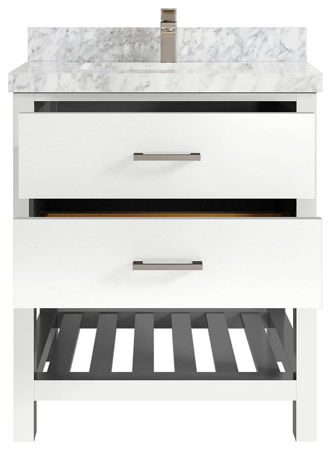 Parker 30 Single Sink Bath Vanity in White 2" Carrara Marble