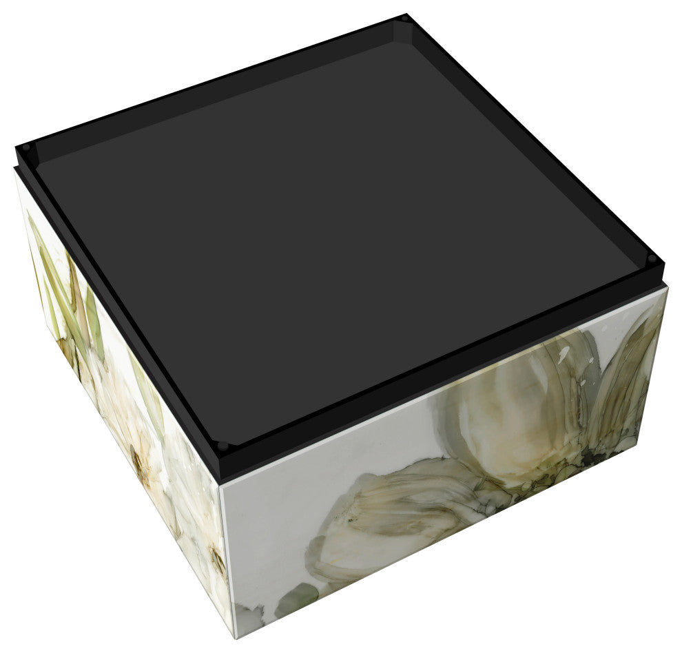 "Seaglass Garden II" Reverse Printed Glass Cocktail Table with Black Plinth Base