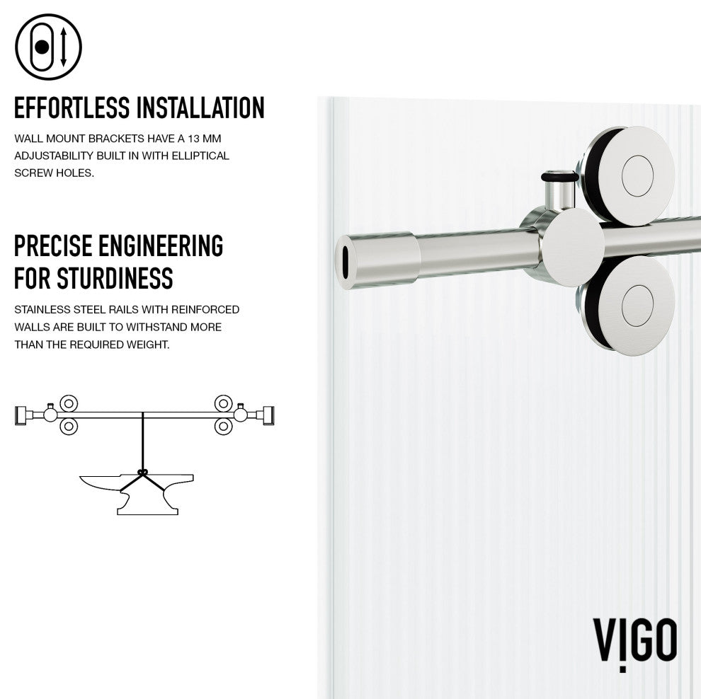 VIGO Elan 56" to 60" W x 66" H Frameless Sliding Tub Door, Stainless Steel, Fluted Glass, Left