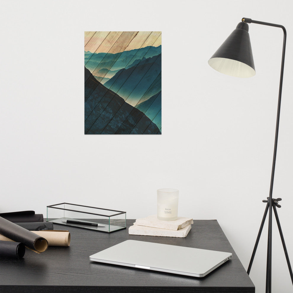Faux Wood Misty Blue Silhouette Mountain Range Landscape Wall Art, 12" X 16"