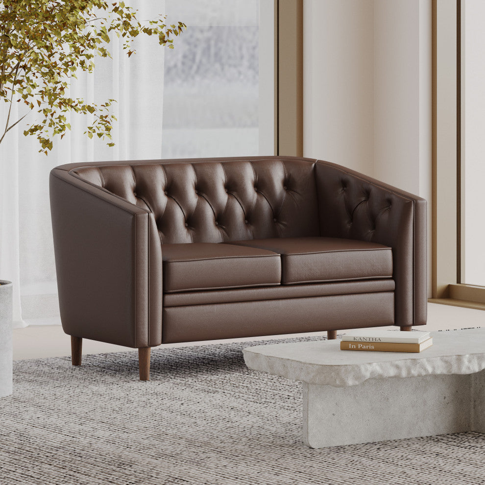 Jelm Contemporary Tufted Loveseat, Dark Brown, Pu + Birch