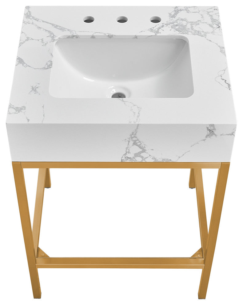 Marmo Bathroom Vanity, White, 24" Wide, Brushed Brass Finish
