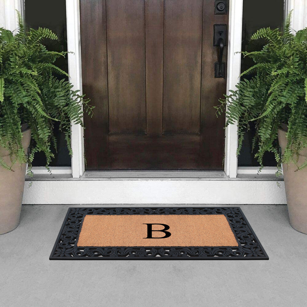 A1HC Rubber & Coir Floral Outdoor Durable Monogram Doormat 18"x30", Black, B