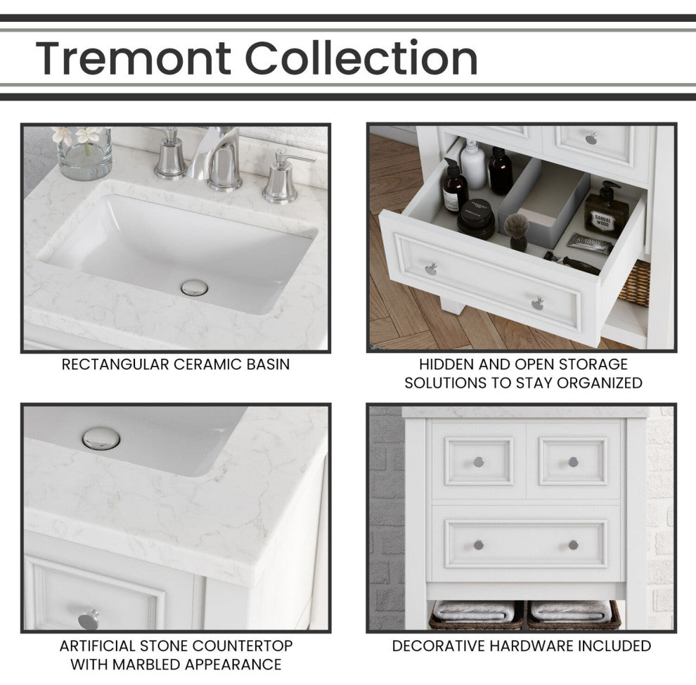 Tremont 24" Bathroom Vanity, Sink, Top, 1 Drawer, Bottom Shelf, White