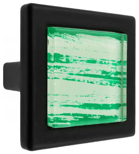 Hand Brushed Green Streaks Crystal Glass Black Metal Square Manor Knob