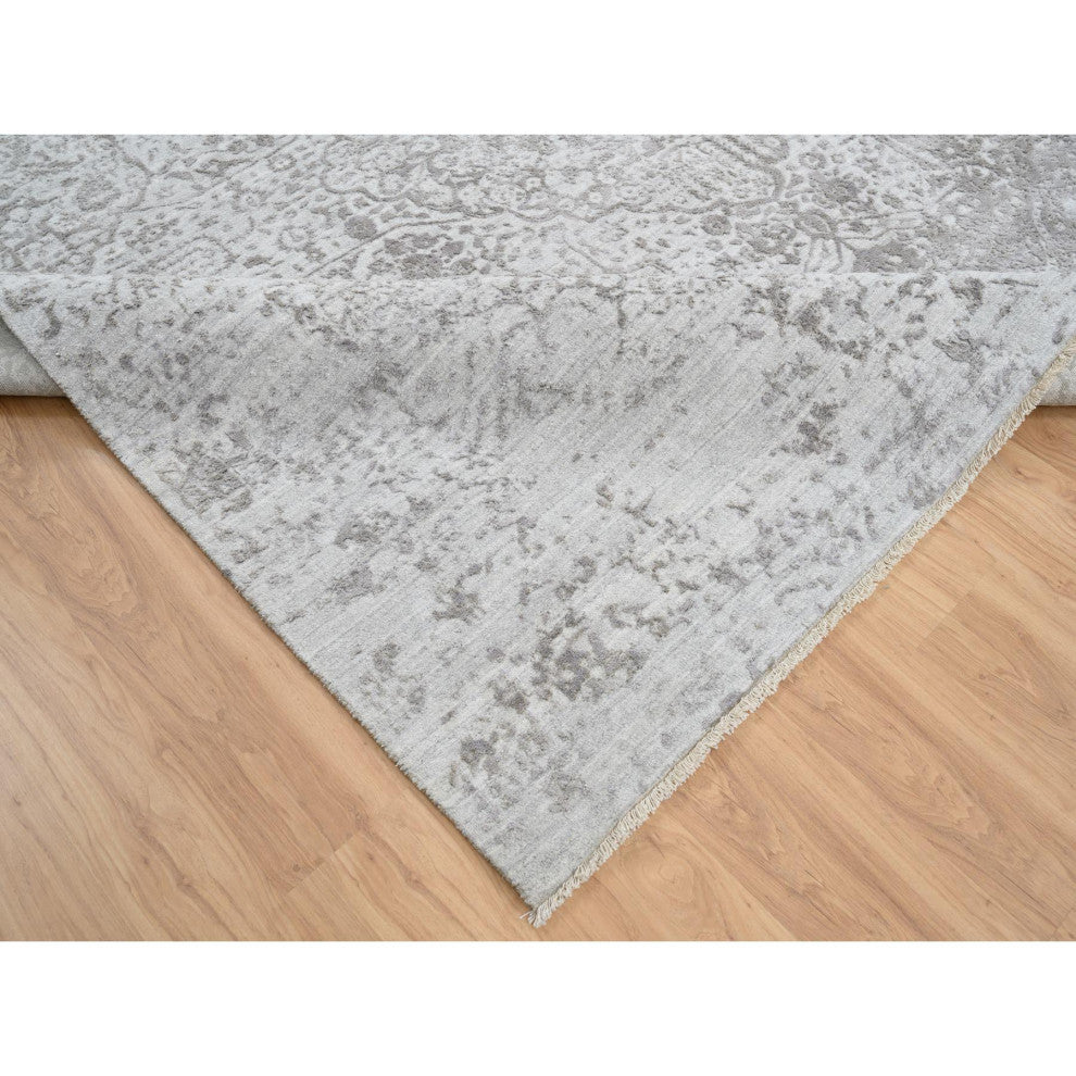 Gray Broken Persian Design Hand Knotted Wool and Silk Square Rug, 10'0"x10'0"