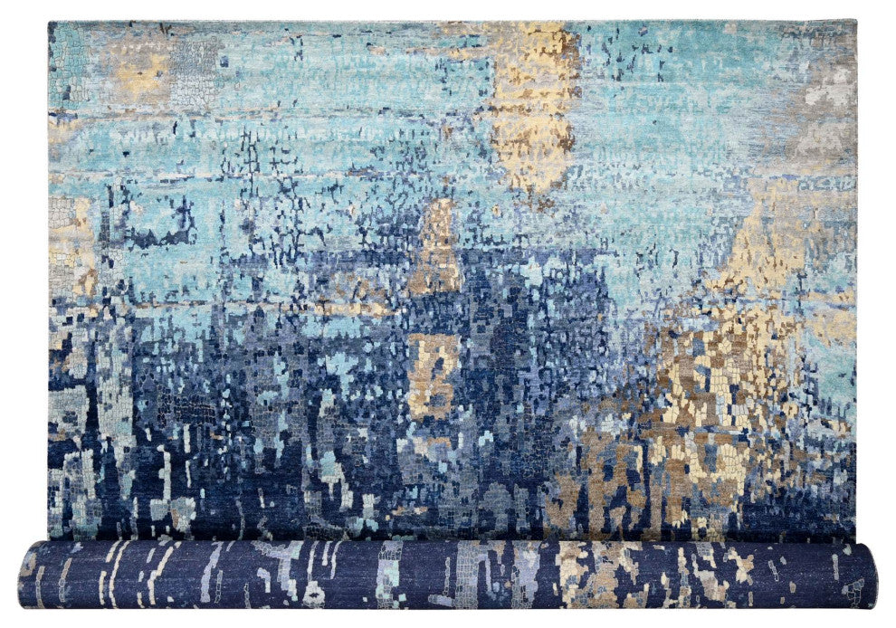 Blue, Mosaic Design, Wool and Silk, Hand Knotted, Oversized Rug, 13'9"x17'9"