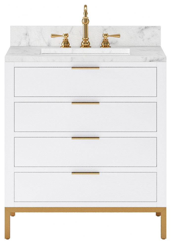 Bristol 30" Marble Countertop Vanity, White With Hook Faucet