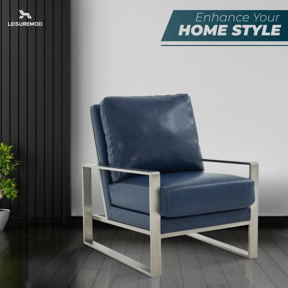 LeisureMod Jefferson Faux Leather Accent Armchair With Silver Frame, Navy Blue