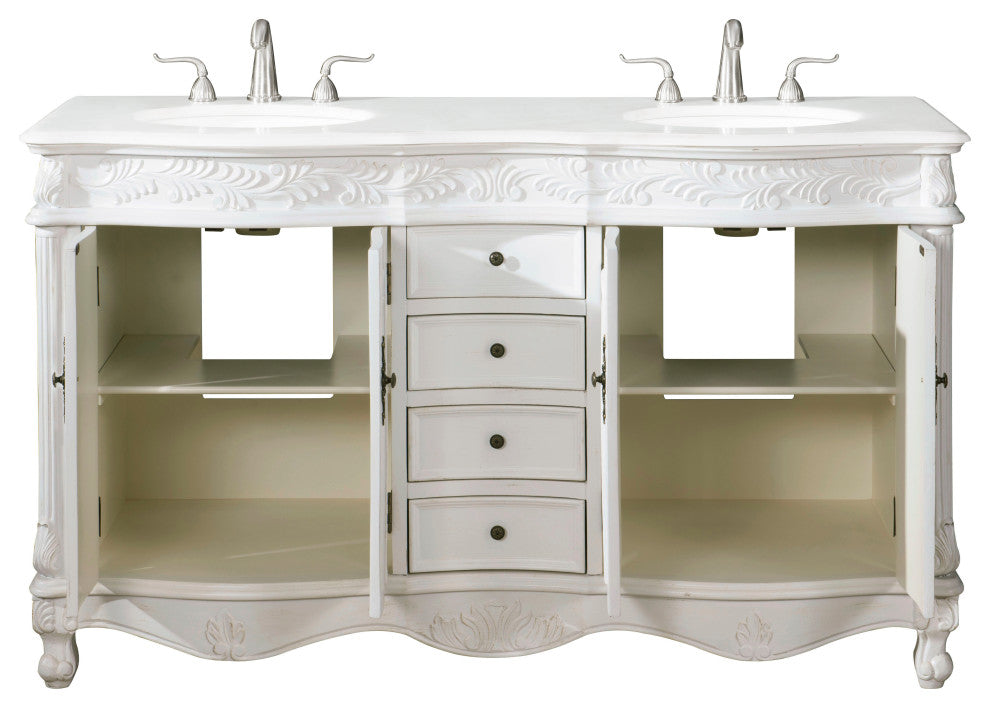 60" Double Bathroom Vanity, with Ivory White Engineered Marble in Antique White