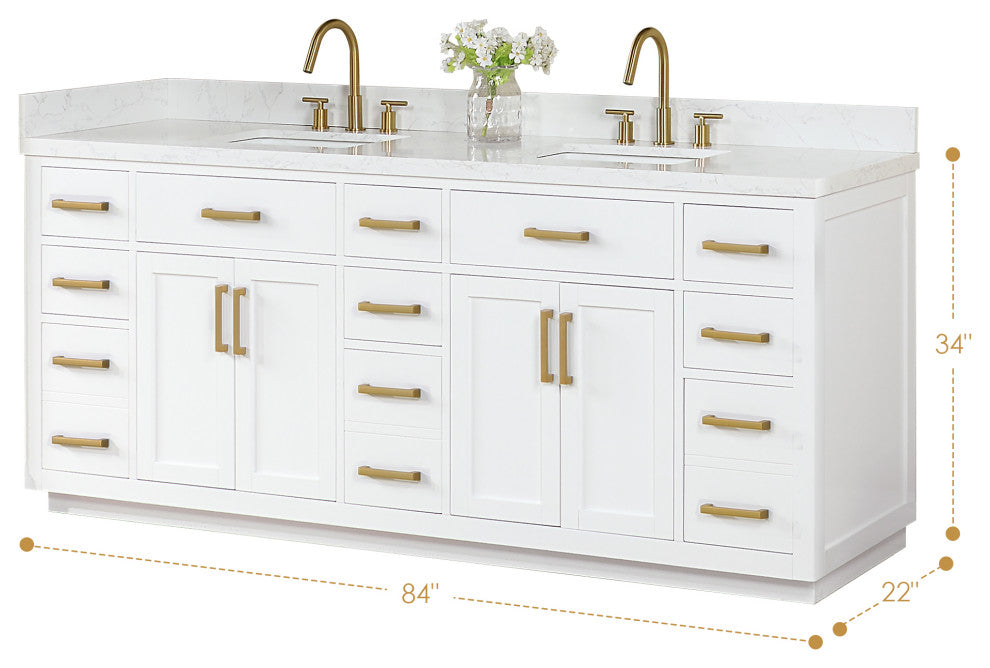 Gavino Vanity With Grain White Composite Stone Top, White/Brushed Gold, 84", With Mirror