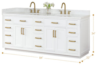 Gavino Vanity With Grain White Composite Stone Top, White/Brushed Gold, 84", With Mirror