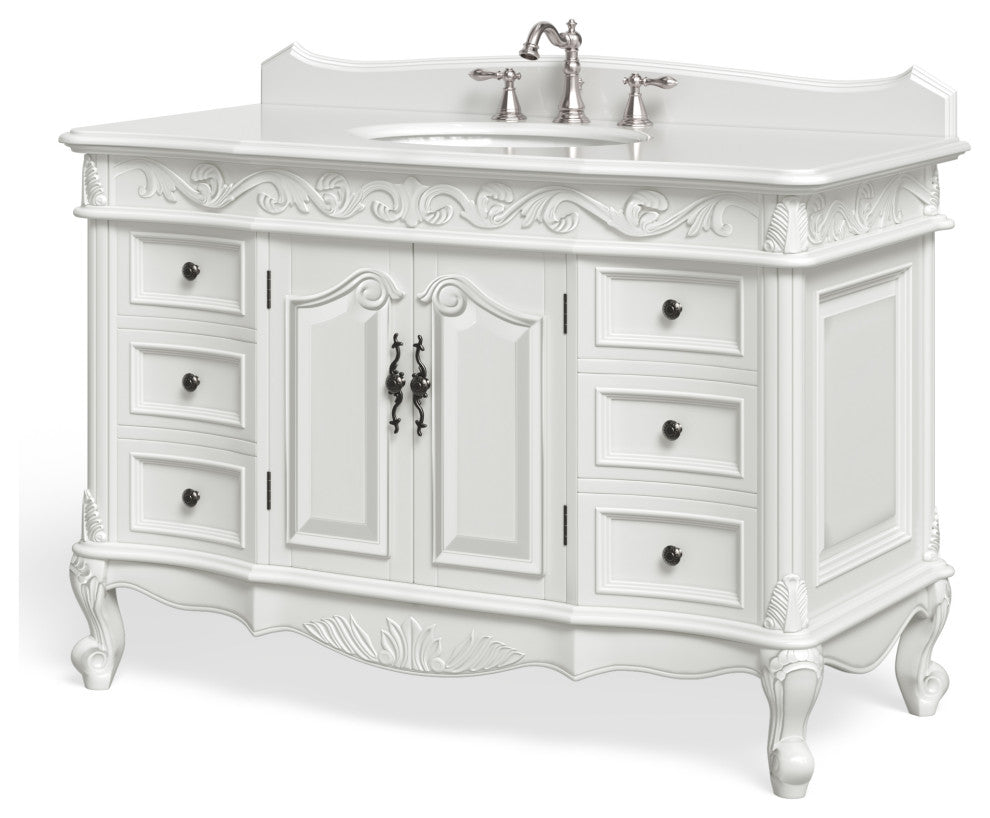 Antique White Traditional Style Single Sink Beckham Bathroom Vanity, White, 48", Single Sink, With Mirror, Freestanding