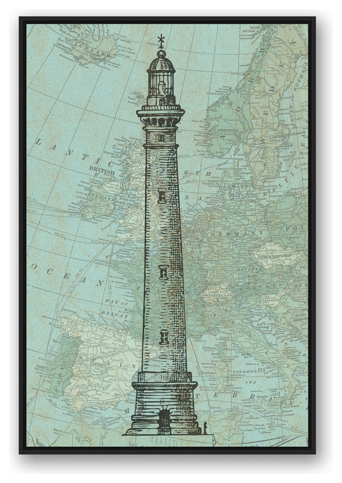 Lighthouse Coastal Map 32x48 Black Floating Framed Canvas