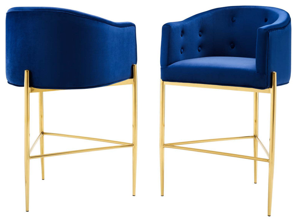 Tufted Bar Stool Chair Barstool, Set of 2, Velvet, Blue Navy, Pub Cafe Bistro
