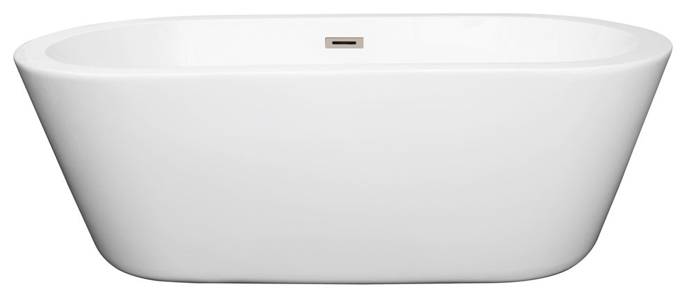 Mermaid 67" Freestanding White Bathtub, Brushed Nickel Drain and Overflow Trim