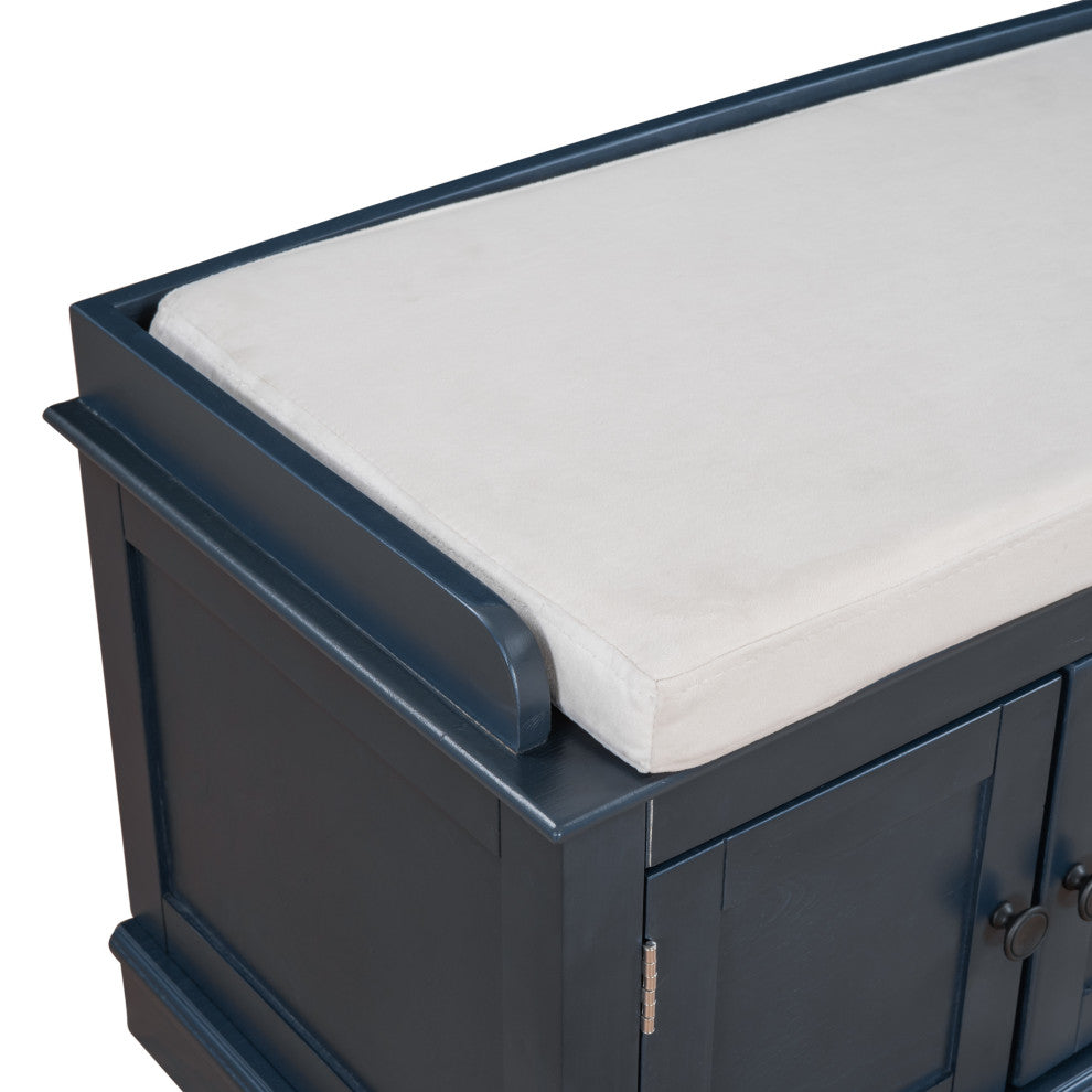 TATEUS 42" Wooden Storage Bench With 4 Doors and Adjustable Shelves for Entryway, Antique Navy