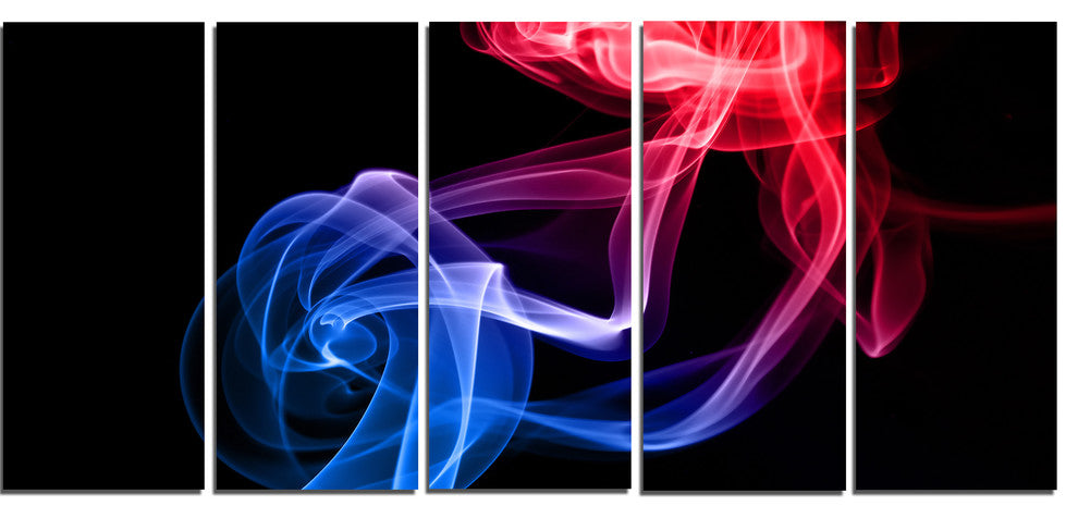 Blue Red Floating Smoke on Black, Abstract Canvas Wall Art, 60"x28", 5 Panels