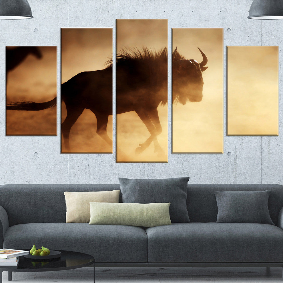 Blue Wildebeest Running in Dust, African Canvas Art Print, 60"x32", 5 Panels