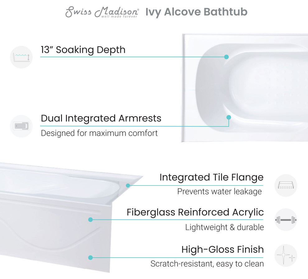 Ivy Alcove Soaking Bathtub With Apron Skirt, 60"x30", Right Hand Drain