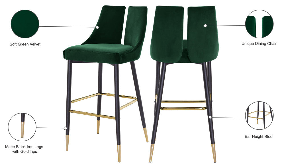 Sleek Velvet Upholstered Bar Stools With Matte Black Metal Legs, Set of 2, Green