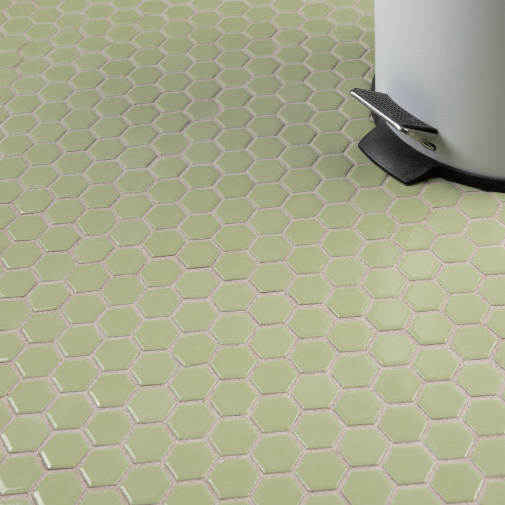 Metro 1" Hex Porcelain Mosaic Floor and Wall Tile, Glossy Olive