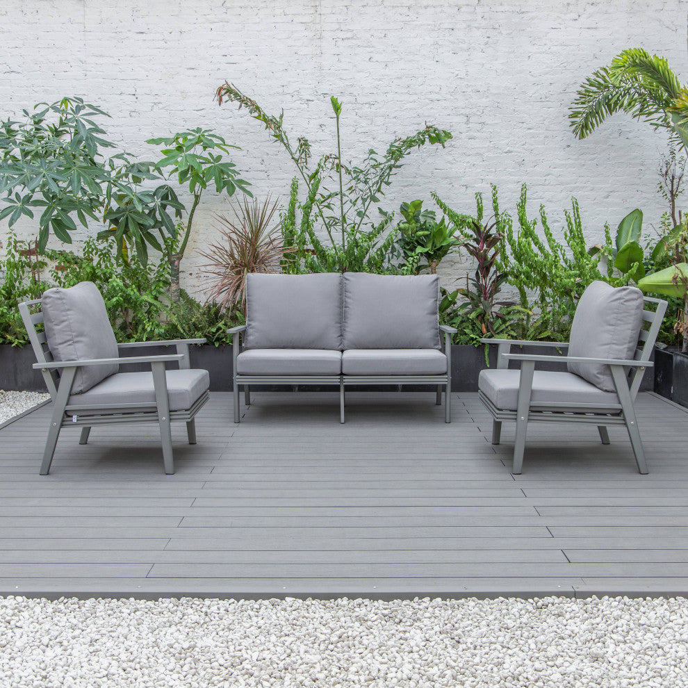 LeisureMod Walbrooke 3-Piece Patio Set With Gray Aluminum Frame and Cushions, Grey