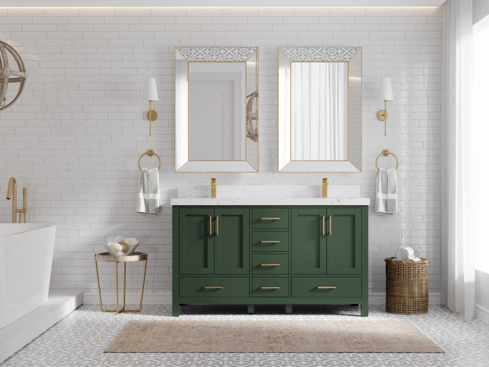 Preston Bath Vanity, Green, 60", Empira Quartz Top, Double, Freestanding