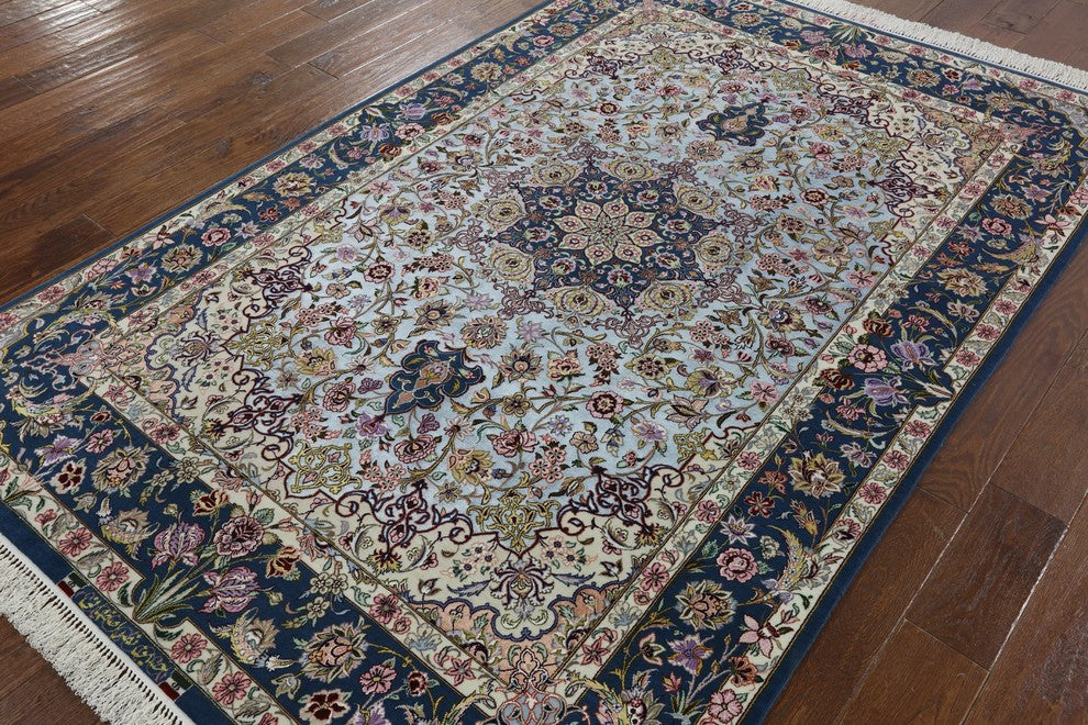 Signed Authentic Super Fine Persian Silk Isfahan Rug, 5'x8'