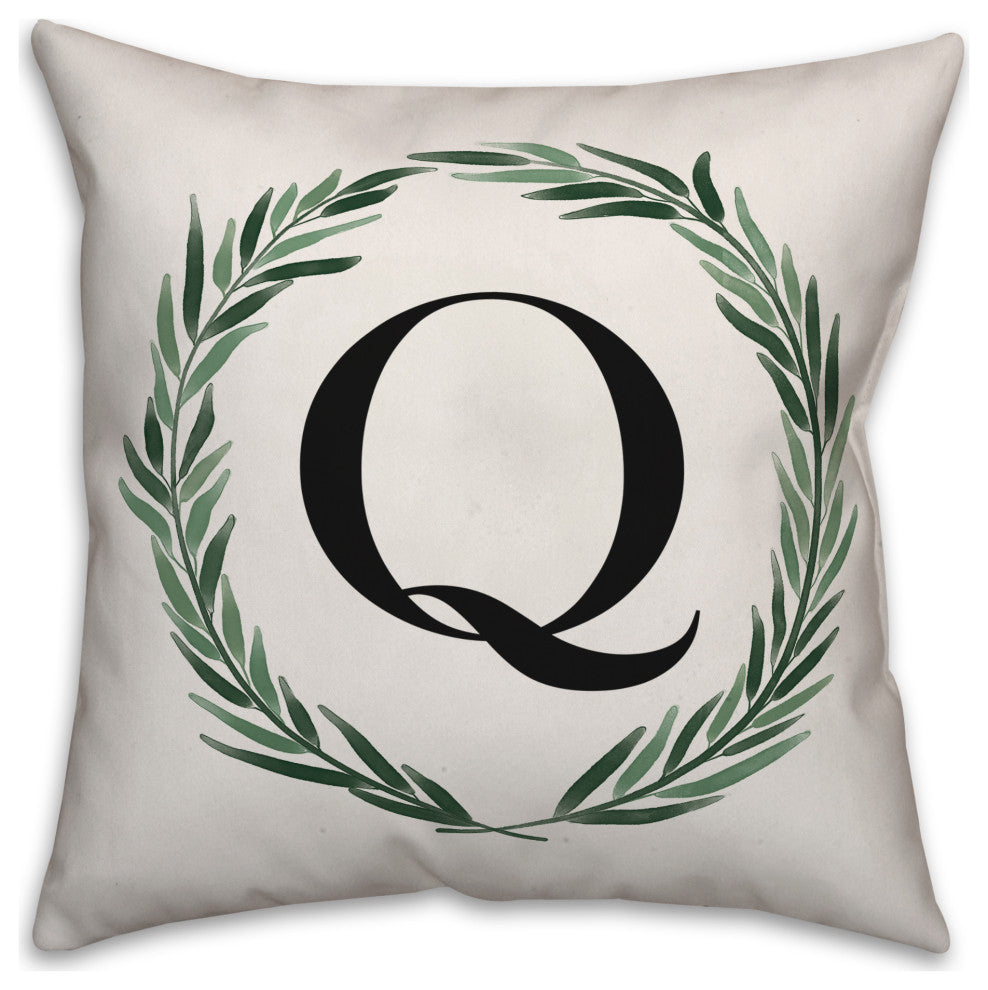 Watercolor Greenery Wreath Monogram Q 18x18 Spun Poly Pillow