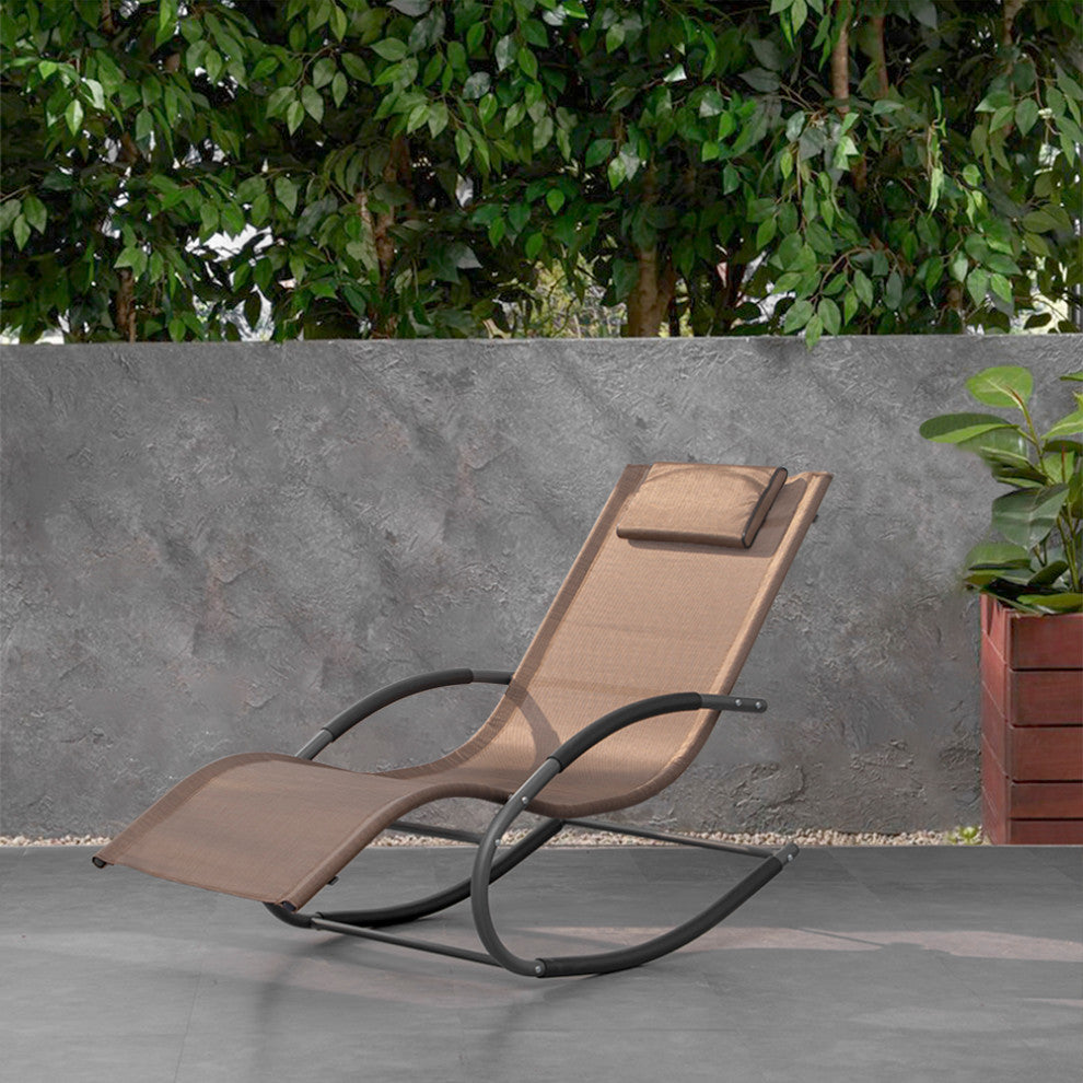 Patio Rocking Chair Curved Rocker Chaise Lounge Chair with Pillow, Brown