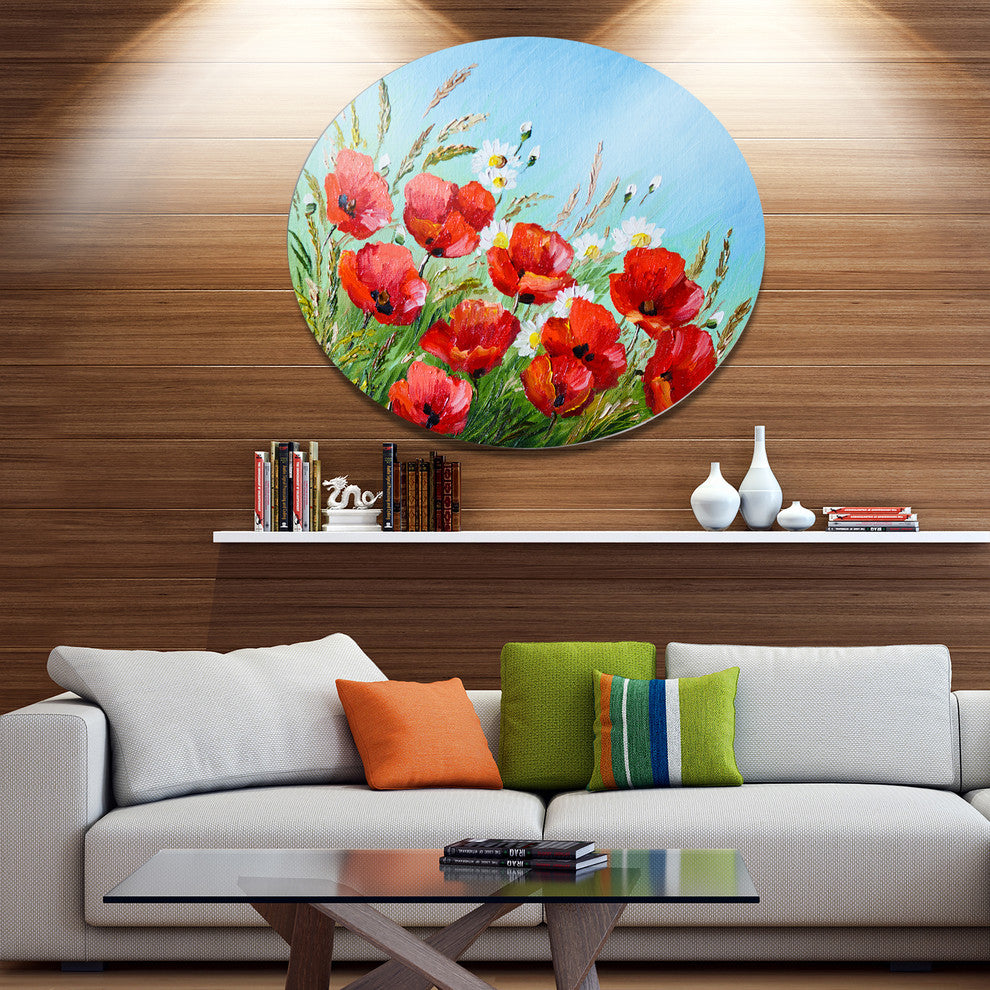 Poppies In Field Against Blue Sky, Modern Floral Round Wall Art, 23"