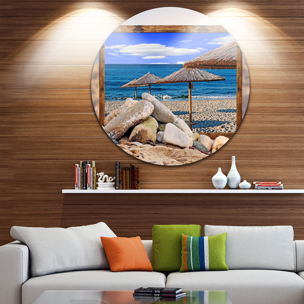 Framed Beach Umbrellas, Seashore Art Disc Metal Wall Art, 23"