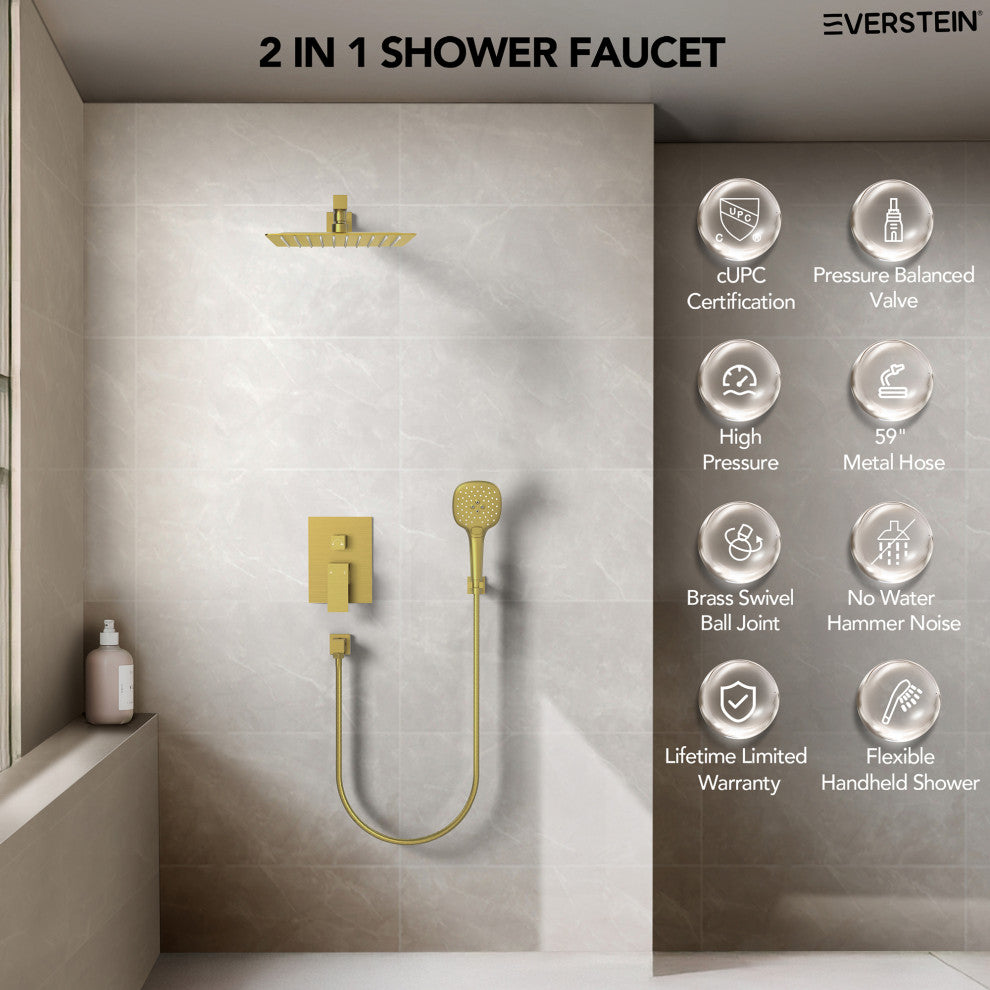 Pressure Balanced Shower System with 3-Setting Hand Shower, Brushed Gold, 10"