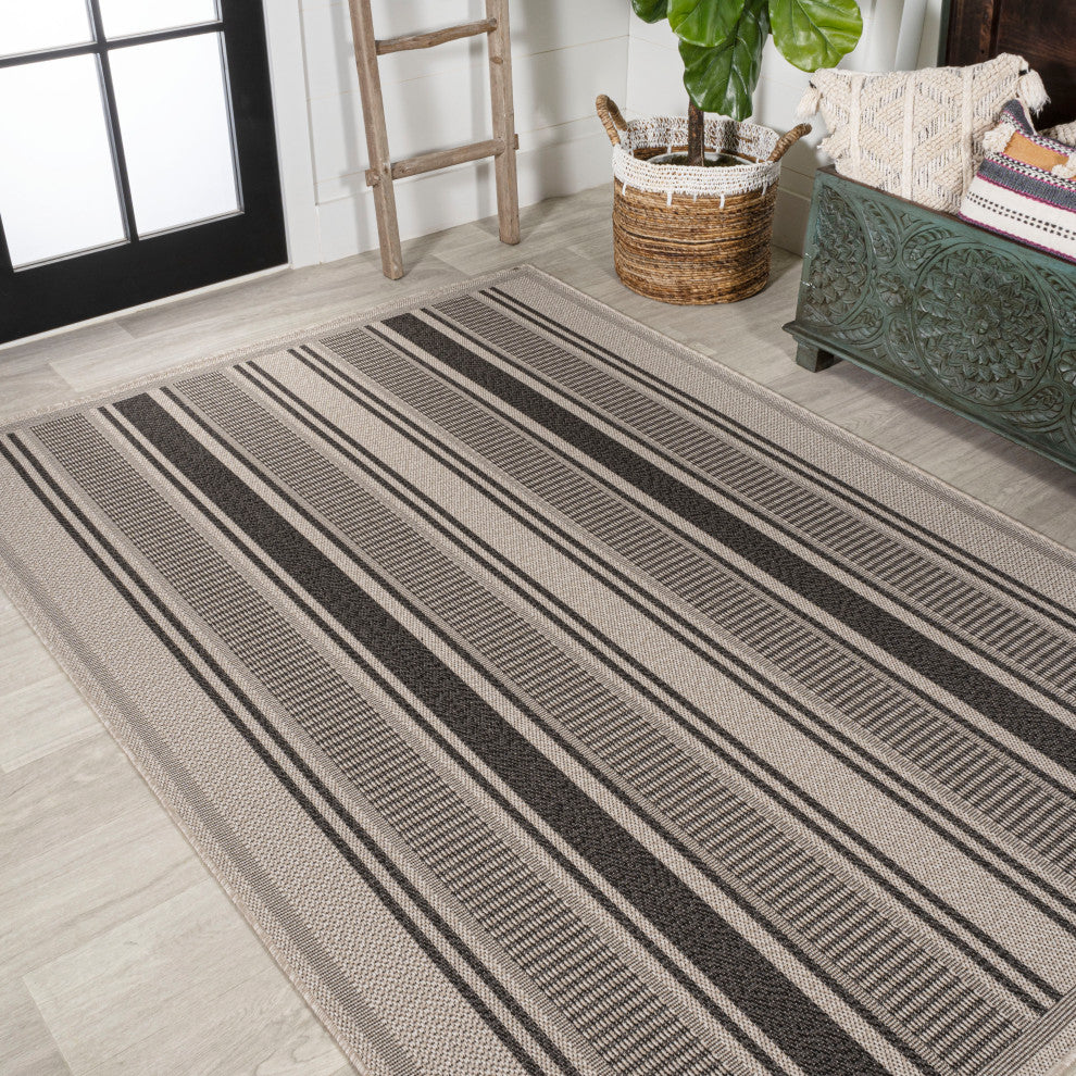 Haynes Modern Double Stripe Indoor/Outdoor Area Rug, Black/Beige, 3x5