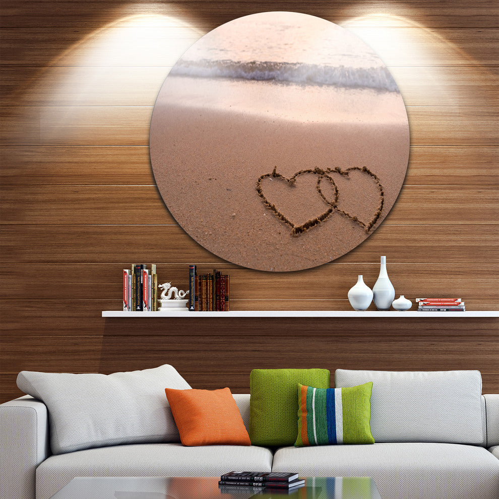 Two Hearts Drawn On The Beach, Seascape Disc Metal Artwork, 11"