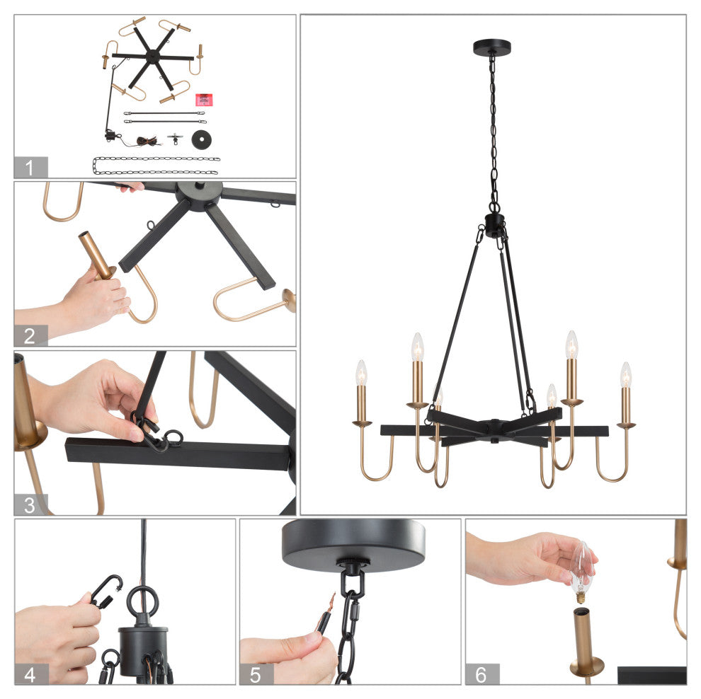LNC 6-Lights Matte Black Modern Gold Candle-Style Chandelier For Dining Room